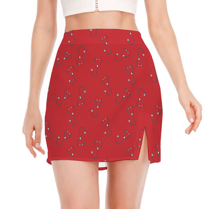 Red Stethoscope Pattern Print Side Slit Mini Skirt