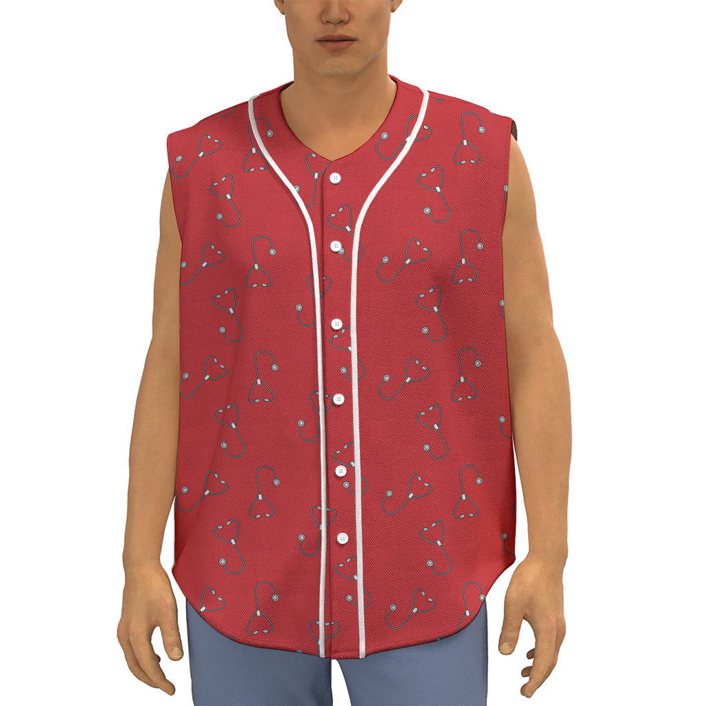 Red Stethoscope Pattern Print Sleeveless Baseball Jersey