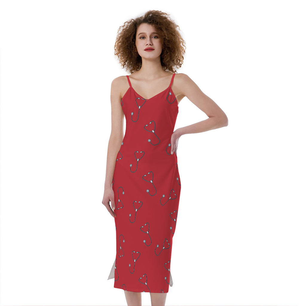 Red Stethoscope Pattern Print Slim Fit Midi Cami Dress