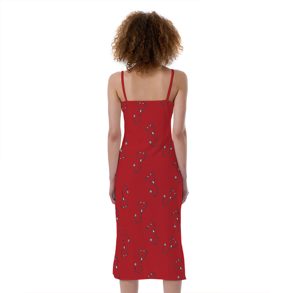 Red Stethoscope Pattern Print Slim Fit Midi Cami Dress