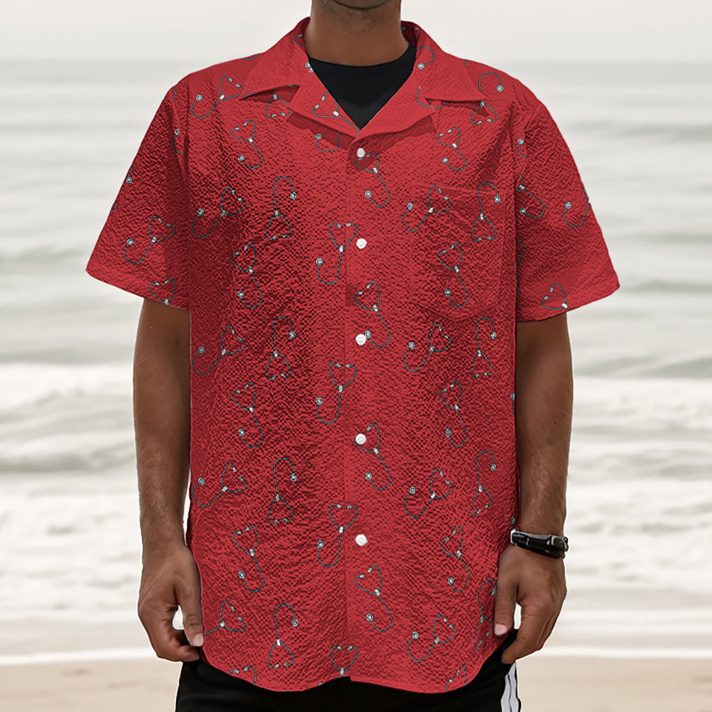 Red Stethoscope Pattern Print Textured Short Sleeve Shirt