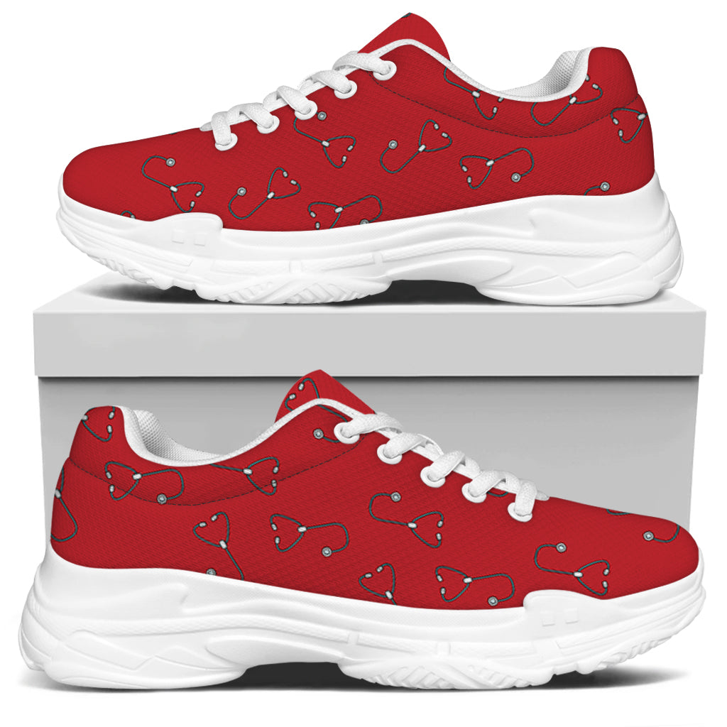 Red Stethoscope Pattern Print White Chunky Shoes