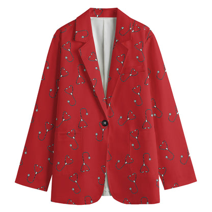 Red Stethoscope Pattern Print Women's Cotton Blazer