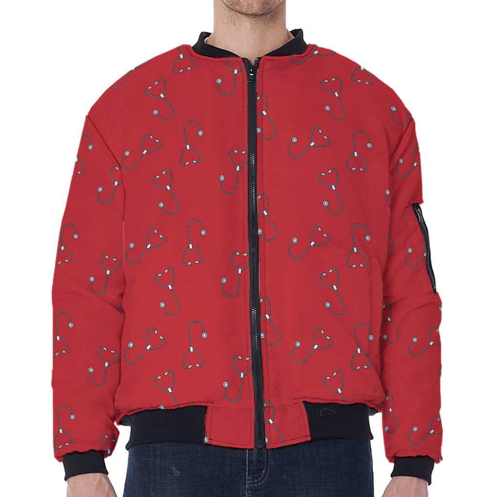 Red Stethoscope Pattern Print Zip Sleeve Bomber Jacket