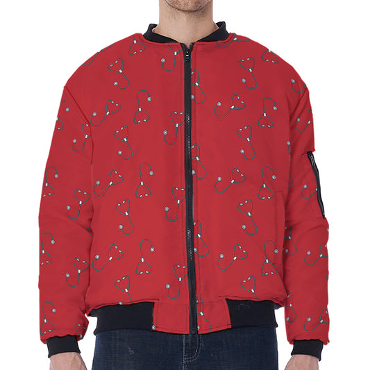 Red Stethoscope Pattern Print Zip Sleeve Bomber Jacket