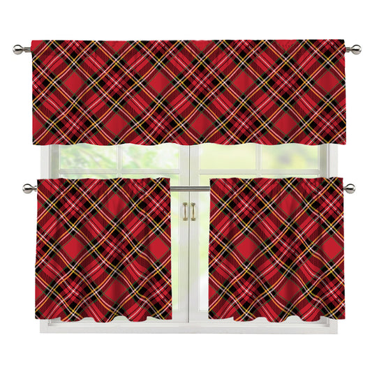 Red Stewart Tartan Pattern Print 3 Piece Kitchen Curtains