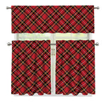 Red Stewart Tartan Pattern Print 3 Piece Kitchen Curtains