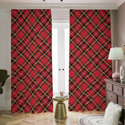 Red Stewart Tartan Pattern Print Blackout Pencil Pleat Curtains