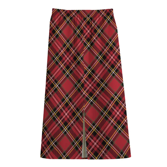 Red Stewart Tartan Pattern Print Cotton Front Slit Maxi Skirt