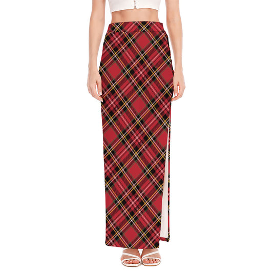 Red Stewart Tartan Pattern Print High Slit Maxi Skirt