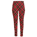 Red Stewart Tartan Pattern Print High-Waisted Pocket Leggings