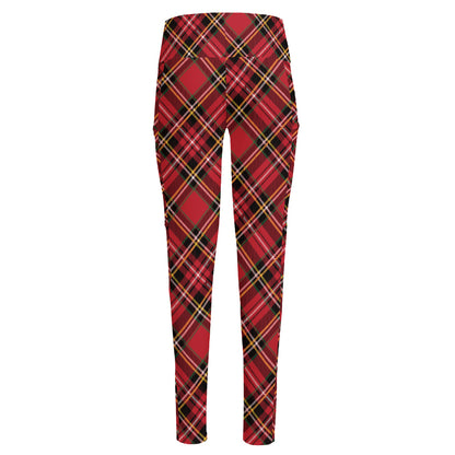Red Stewart Tartan Pattern Print High-Waisted Pocket Leggings