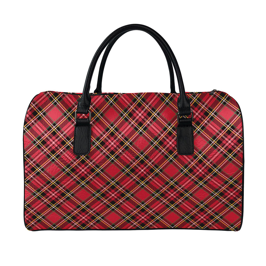Red Stewart Tartan Pattern Print Leather Duffle Bag