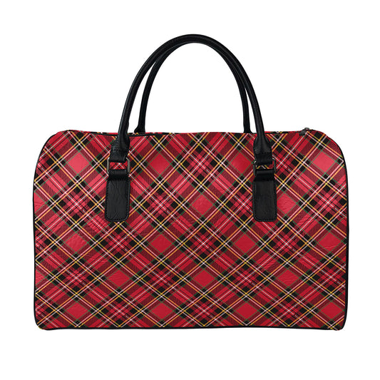 Red Stewart Tartan Pattern Print Leather Duffle Bag