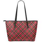 Red Stewart Tartan Pattern Print Leather Tote Bag