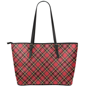 Red Stewart Tartan Pattern Print Leather Tote Bag