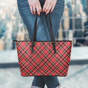 Red Stewart Tartan Pattern Print Leather Tote Bag