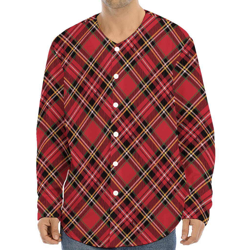 Red Stewart Tartan Pattern Print Long Sleeve Baseball Jersey