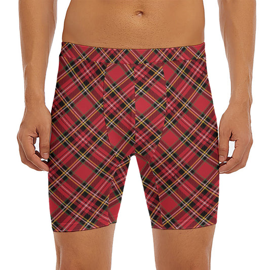Red Stewart Tartan Pattern Print Men's Long Boxer Briefs