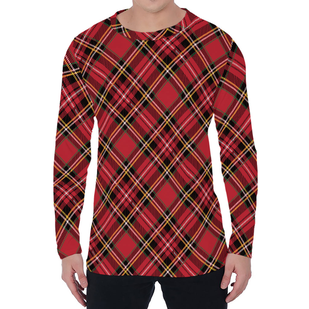 Red Stewart Tartan Pattern Print Men's Long Sleeve T-Shirt