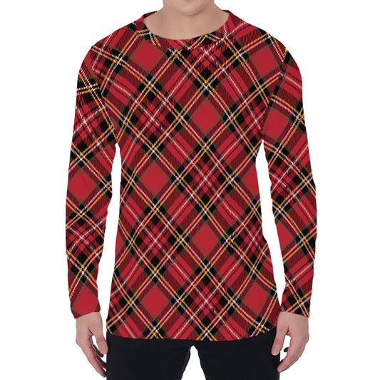 Red Stewart Tartan Pattern Print Men's Long Sleeve T-Shirt
