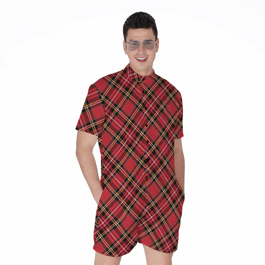 Red Stewart Tartan Pattern Print Men's Rompers
