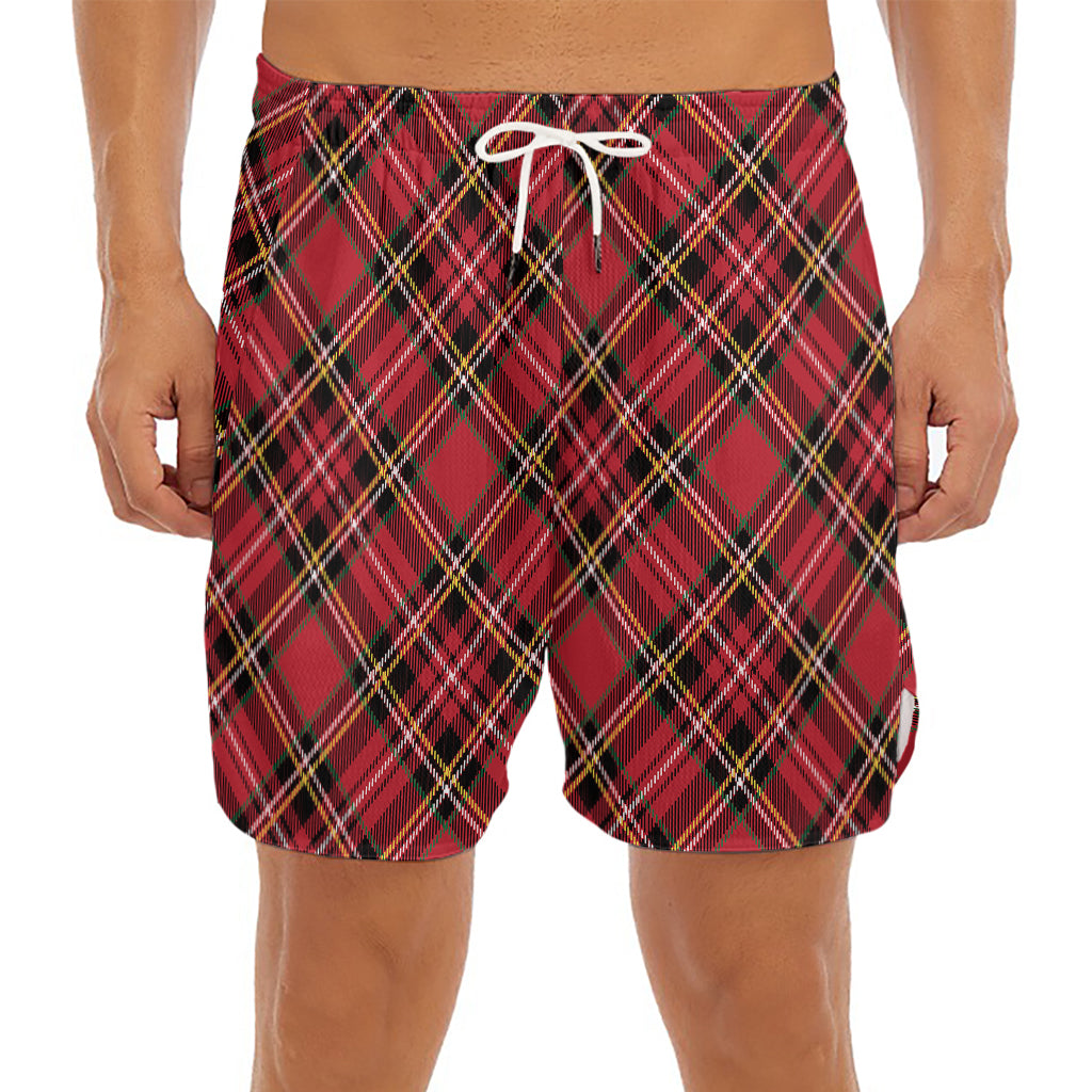 Red Stewart Tartan Pattern Print Men's Split Running Shorts