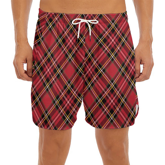 Red Stewart Tartan Pattern Print Men's Split Running Shorts