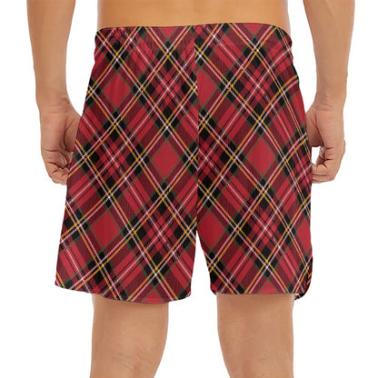 Red Stewart Tartan Pattern Print Men's Split Running Shorts