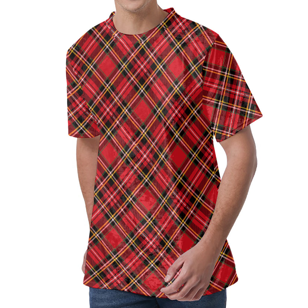 Red Stewart Tartan Pattern Print Men's Velvet T-Shirt