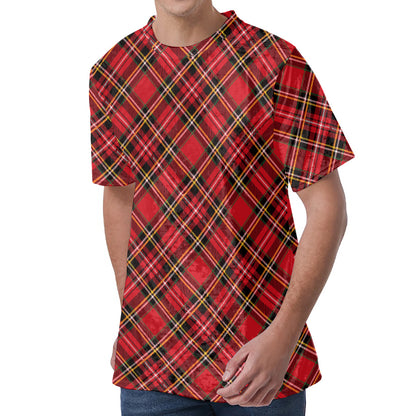 Red Stewart Tartan Pattern Print Men's Velvet T-Shirt