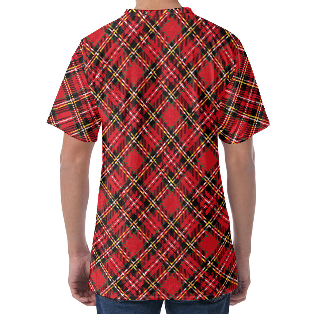 Red Stewart Tartan Pattern Print Men's Velvet T-Shirt