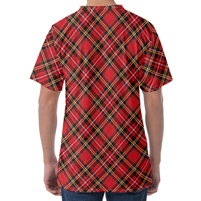 Red Stewart Tartan Pattern Print Men's Velvet T-Shirt