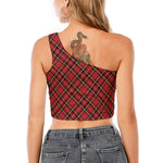 Red Stewart Tartan Pattern Print One Shoulder Crop Top