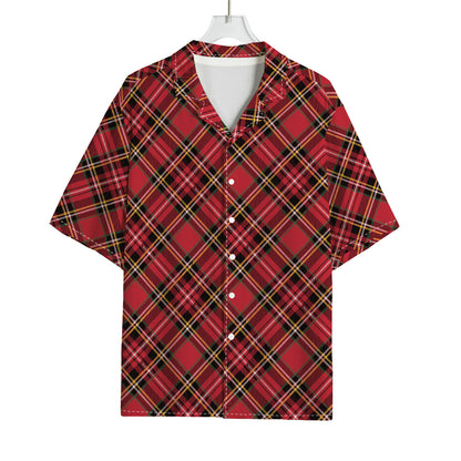 Red Stewart Tartan Pattern Print Rayon Hawaiian Shirt