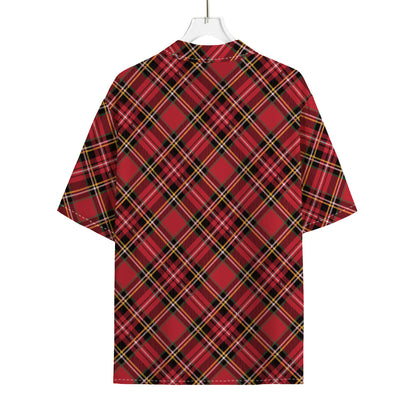 Red Stewart Tartan Pattern Print Rayon Hawaiian Shirt