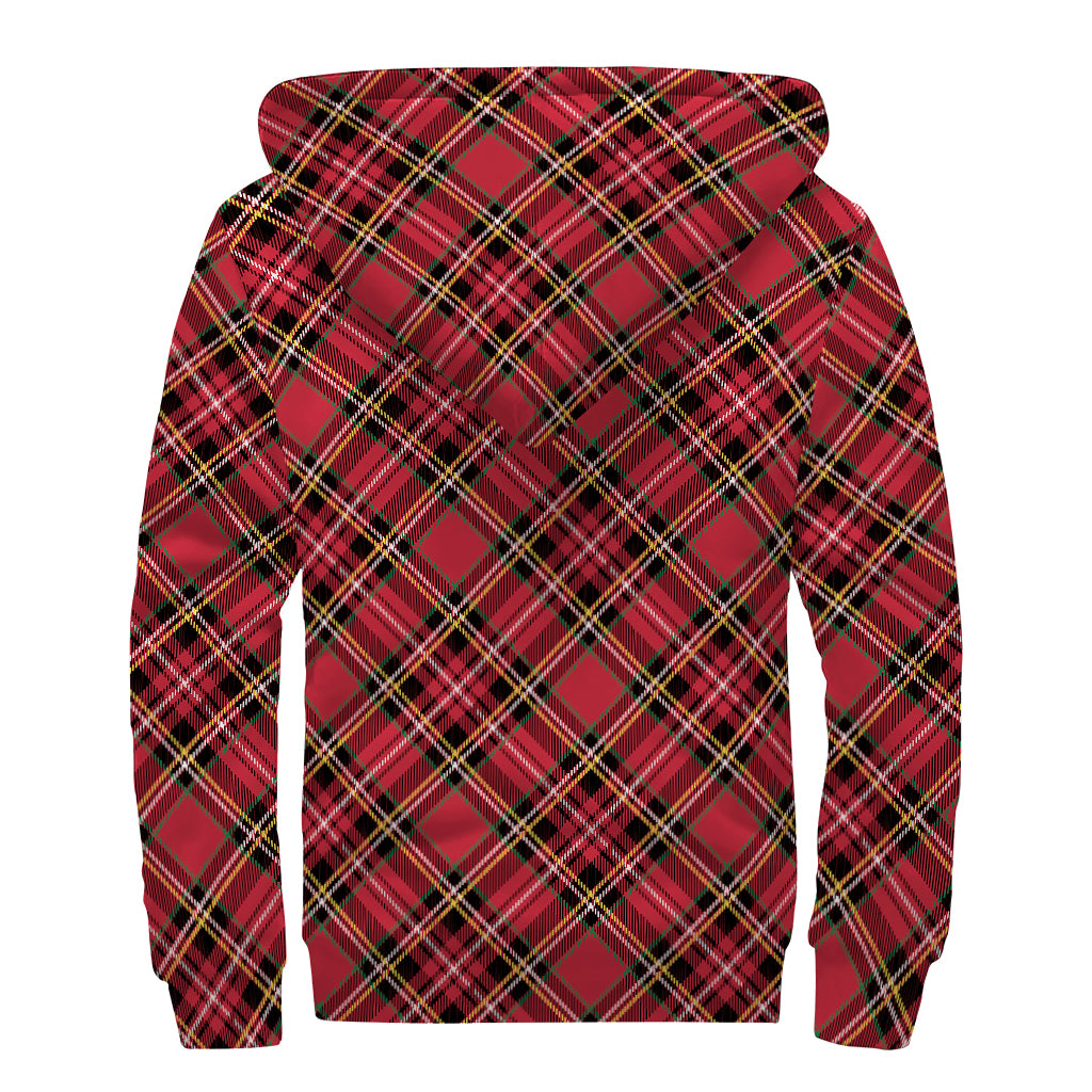Red Stewart Tartan Pattern Print Sherpa Lined Zip Up Hoodie