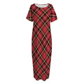 Red Stewart Tartan Pattern Print Short Sleeve Long Nightdress