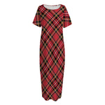 Red Stewart Tartan Pattern Print Short Sleeve Long Nightdress