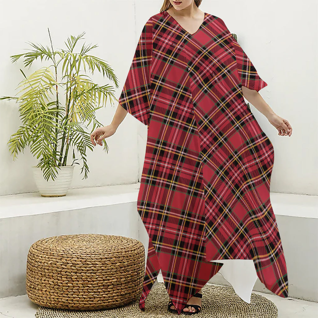 Red Stewart Tartan Pattern Print Silk V-Neck Kaftan Dress