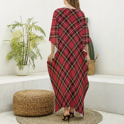 Red Stewart Tartan Pattern Print Silk V-Neck Kaftan Dress