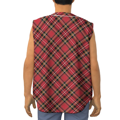 Red Stewart Tartan Pattern Print Sleeveless Baseball Jersey