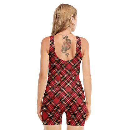 Red Stewart Tartan Pattern Print Sleeveless One Piece Swimsuit