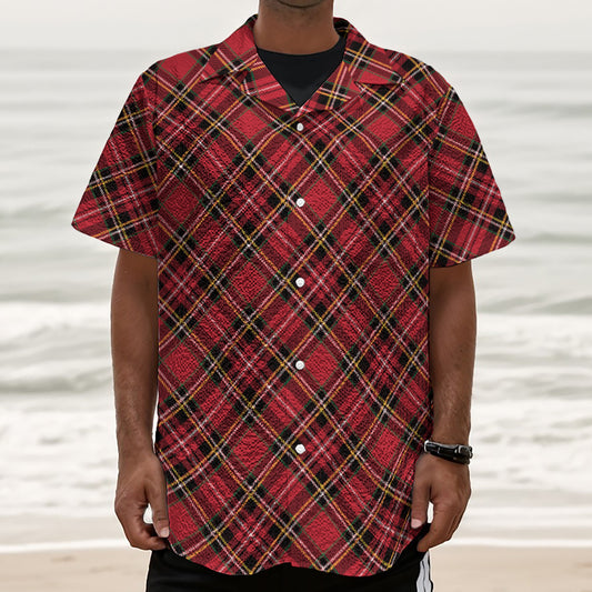 Red Stewart Tartan Pattern Print Textured Short Sleeve Shirt