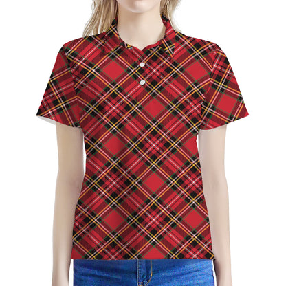 Red Stewart Tartan Pattern Print Women's Polo Shirt