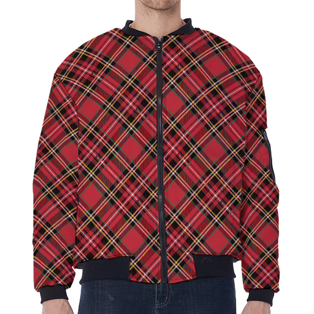 Red Stewart Tartan Pattern Print Zip Sleeve Bomber Jacket