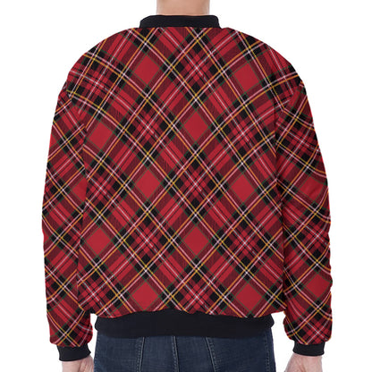 Red Stewart Tartan Pattern Print Zip Sleeve Bomber Jacket