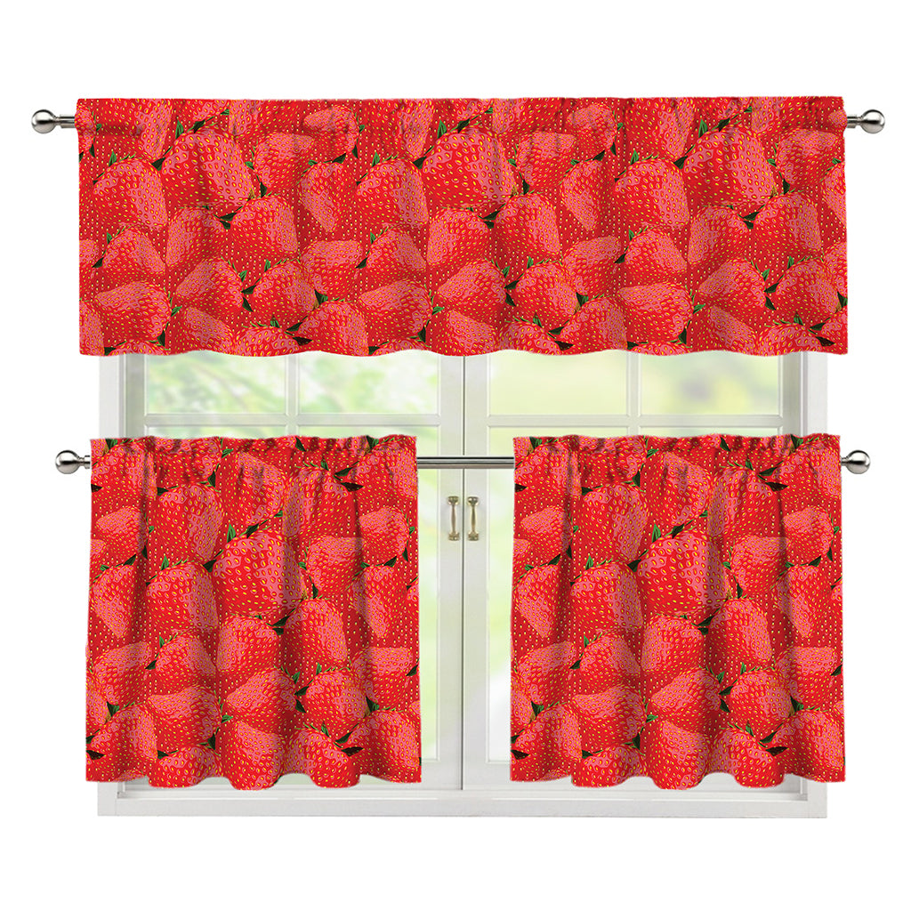 Red Strawberry Pattern Print 3 Piece Kitchen Curtains