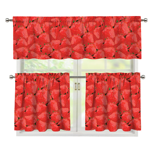 Red Strawberry Pattern Print 3 Piece Kitchen Curtains