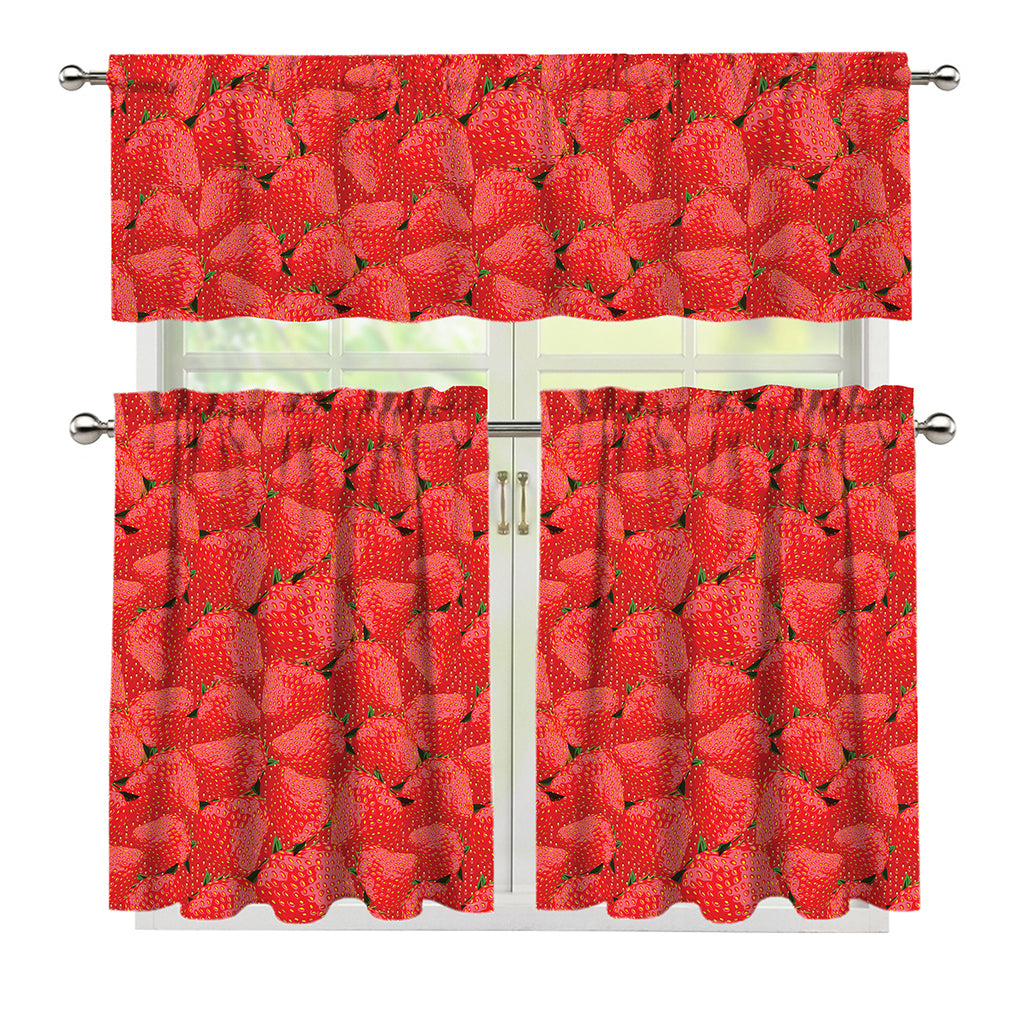 Red Strawberry Pattern Print 3 Piece Kitchen Curtains